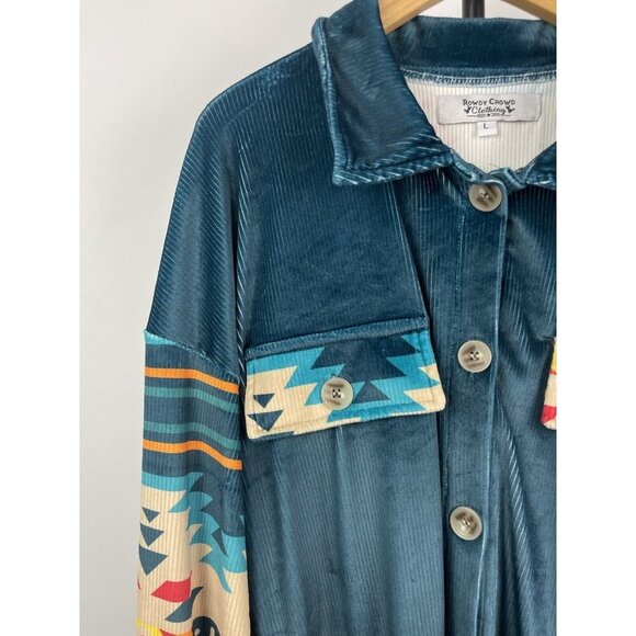Rowdy‎ Crowd Blue Western Aztec Soft Ribbed Velvet Long Sleeve Button Up Shirt L - Picture 5 of 6
